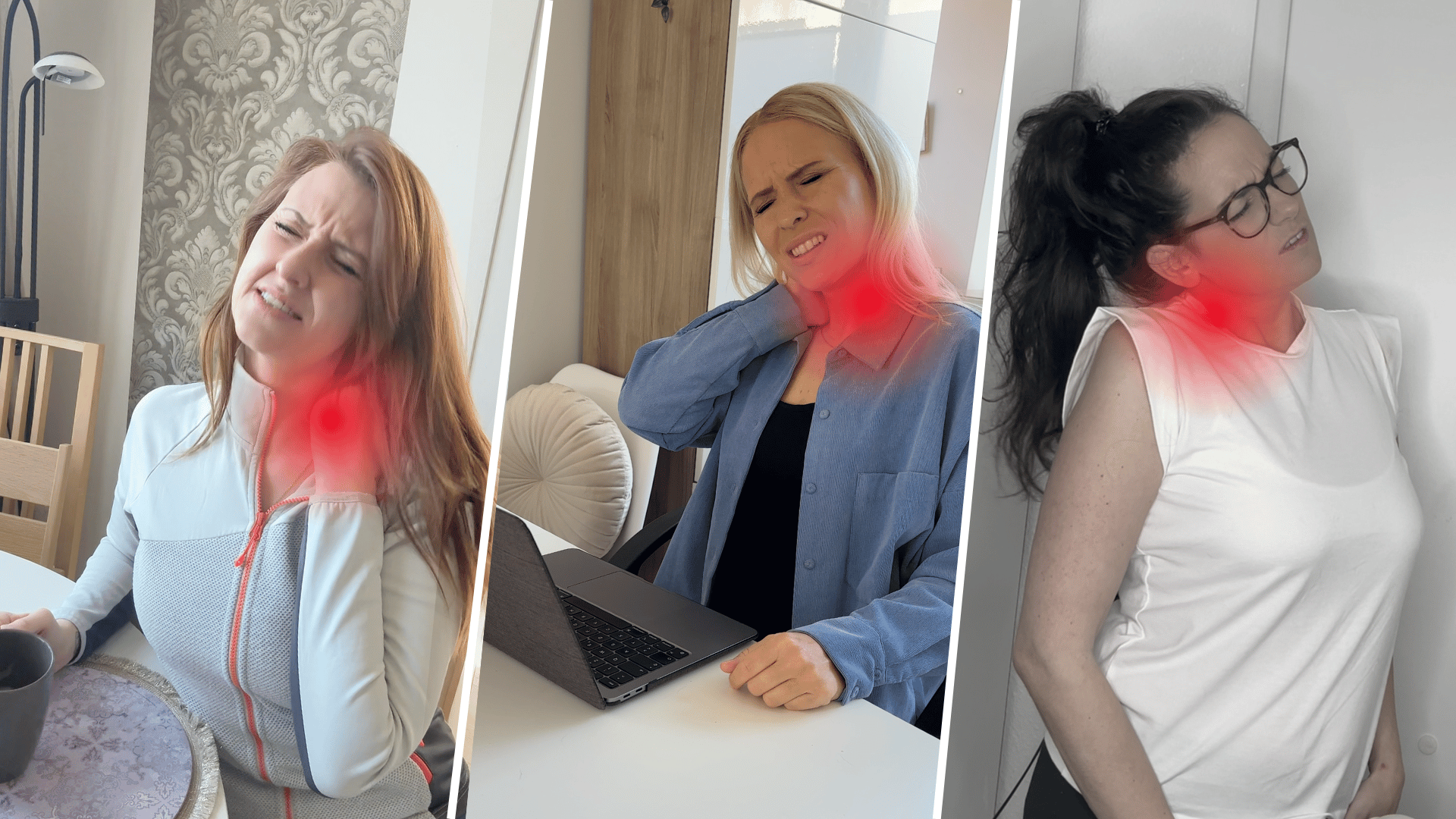 Tre personer som tar sig åt nacken med tydligt markerade smärtpunkter